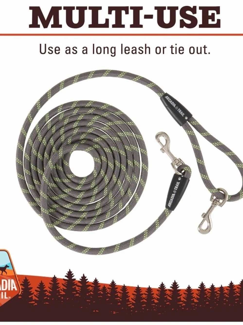 Arcadia Trail Reflective Multi-Use Rope Dog Leash, Grey, 15-ft long